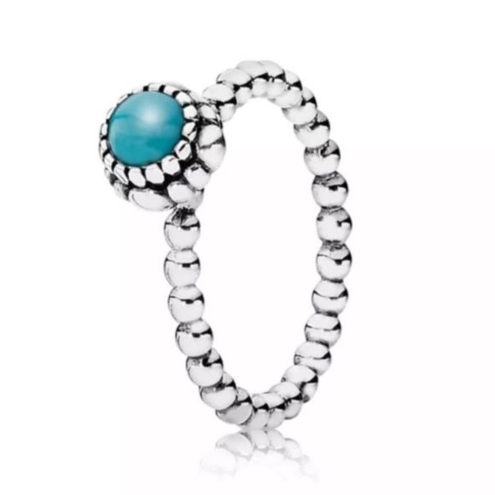 Pandora Birthday Blooms December Sterling Silver/Turquoise Ring Size 52  EUC